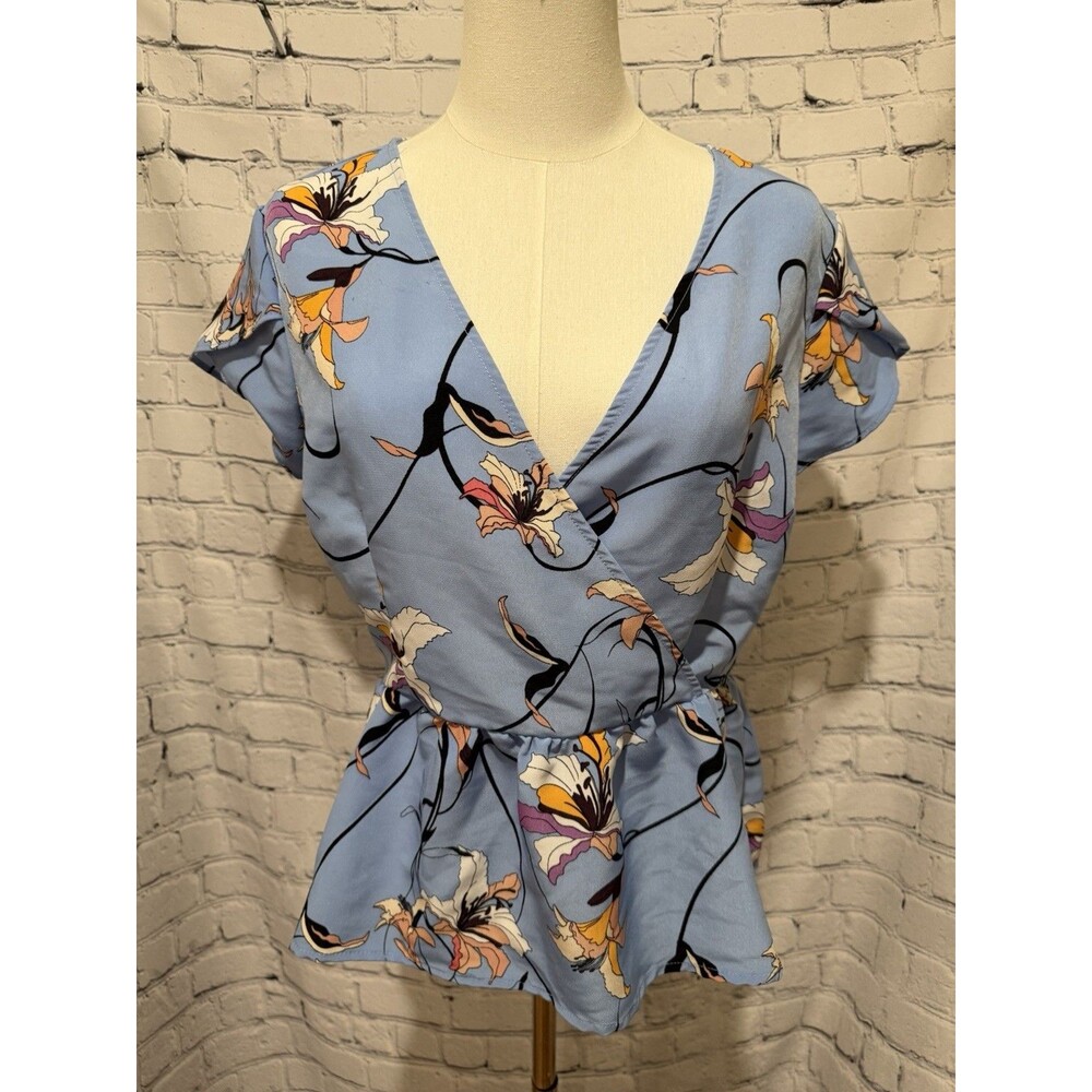 Vero Moda Peplum Top Vista Blue Floral Short Sleeve Blouse Size Large